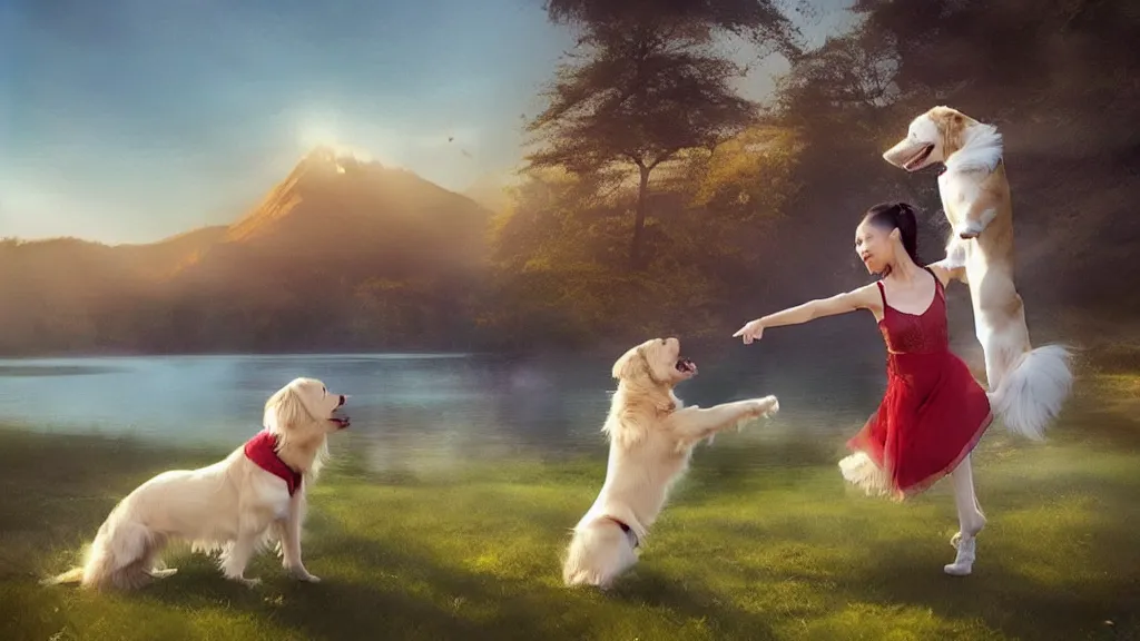 Prompt: “ a asian ballet girl dances with a white golden retriever, besides a small wooden red cottage by the lake, mountains in the background, soft lighting, sunny day, by charlie bowater, by greg rutkowski ”