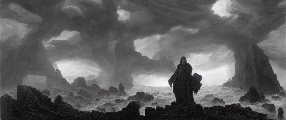 Image similar to an engraving portrait of cthulhu, caspar david friedrich, foggy, depth, strong shadows, stormclouds, illuminated focal point, highly detailed