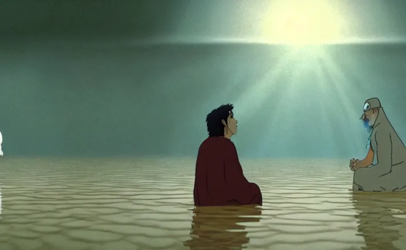 Prompt: a cell - shaded cartoon movie still from princess mononoke ( 1 9 9 7 ) of a middle eastern imam kneeling in prayer to an elegant angel in the lotus position in a flooded desert town with shafts of sunlight from above. very dull muted colors, hd, 4 k, hq