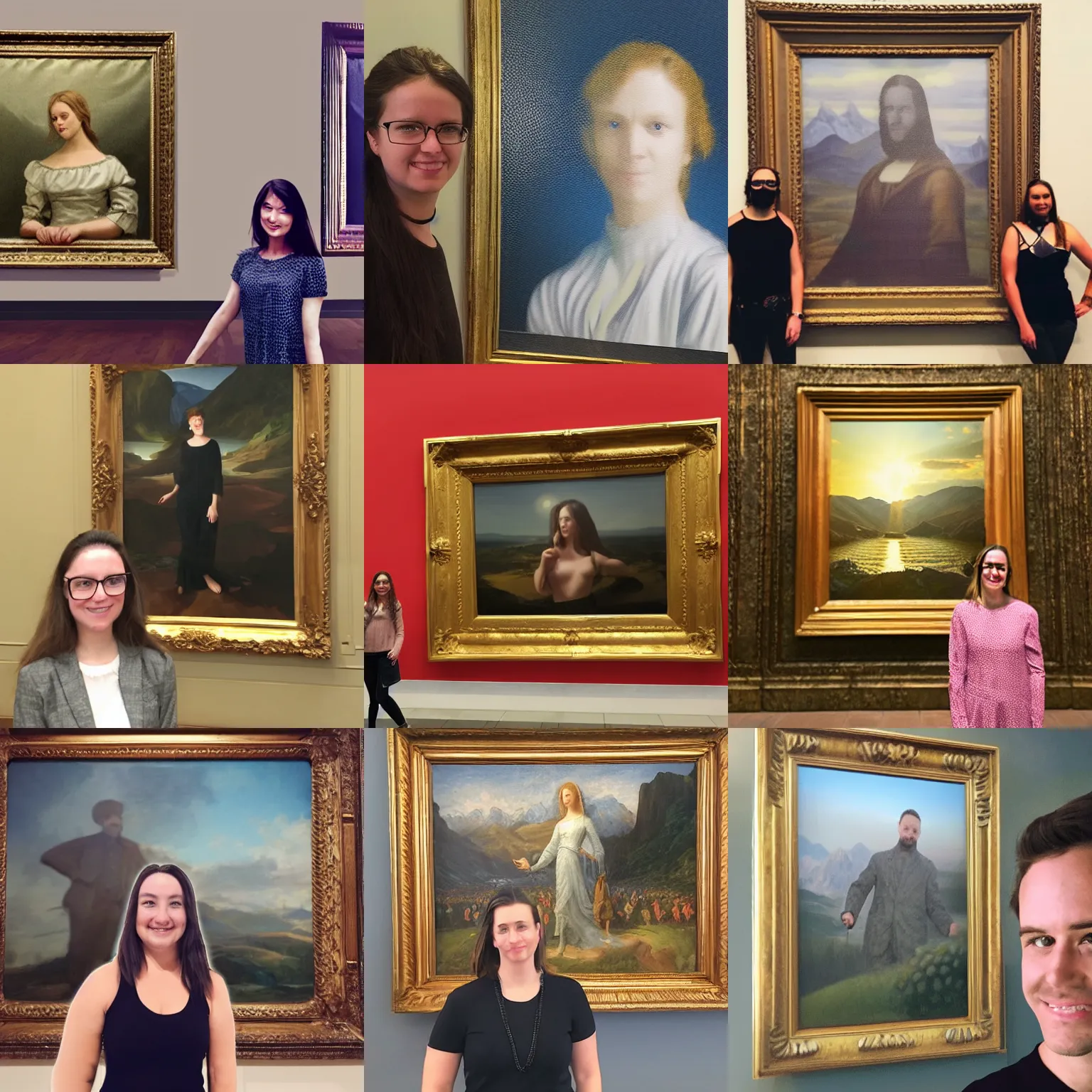 Prompt: a very unconvincingly bad photoshop of me in front of a priceless work of art, aliasing visible
