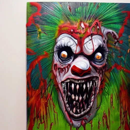 Image similar to zombie clown breaking through 4 th wall jungle painting, oil and acrylic on canvas, high detail