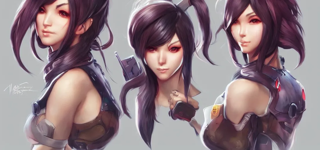 Image similar to concept art of female video game characters head designs, cute, quirky, unique hairstyles, overwatch by marc brunet and artgerm