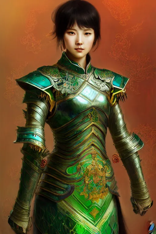 Prompt: portrait young knights of Dynasty Warriors girl, metallic green armor, in ruined hǔ láo guān, ssci-fi and fantasy, intricate and very beautiful and elegant, highly detailed, digital painting, artstation, concept art, smooth and sharp focus, illustration, art by tian zi and WLOP and alphonse mucha