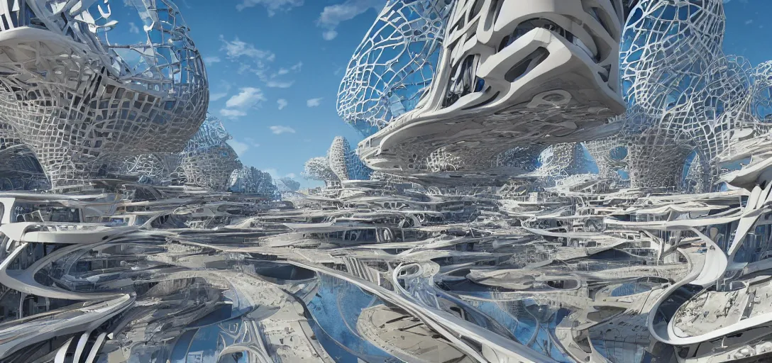 Prompt: highly detailed futuristic architecture by Antoni Gaudí and Santiago Calatrava, floating buildings, reflective lighting, empty streetscapes, ground-level view, puddles of water, stunning sunny lighting, sunrise, vivid colors, in the style of pixar animation, trending on Artstation, 8k, matte painting, ray tracing, hyper detailed, unreal engine 5, cinematic, epic lighting, cryengine, octane render, cyberpunk, red and orange glow, vibrant