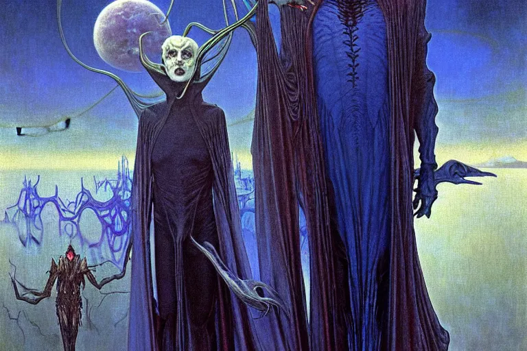 Image similar to realistic extremely detailed portrait painting of an elegantly creepy vampire man dressed as dracula, futuristic sci-fi landscape on background by Jean Delville, Amano, Yves Tanguy, Alphonse Mucha, Ernst Haeckel, Edward Robert Hughes, Roger Dean, rich moody colours, blue eyes