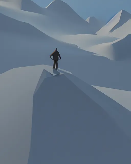 Image similar to a man standing in the middle of a mountain, a low poly render by filip hodas, behance contest winner, environmental art, rendered in cinema 4 d, volumetric lighting, low poly