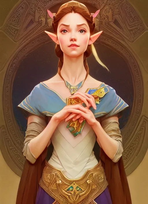 Image similar to portrait of disney zelda, intricate, elegant, highly detailed, my rendition, digital painting, artstation, concept art, smooth, sharp focus, illustration, art by artgerm and greg rutkowski and alphonse mucha and uang guangjian and gil elvgren and sachin teng, symmetry!!