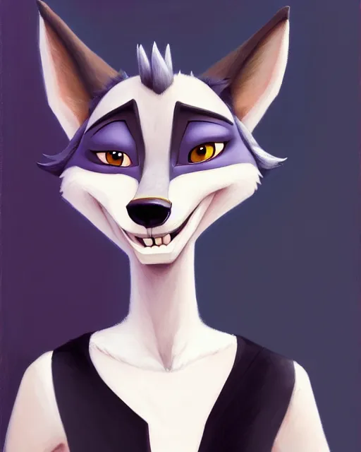 Image similar to oil painting of anthromorphic female wolf, in style of cory loftis, fursona, furry, furaffinity, 4 k, deviantart, furry art, fursona art, wearing black business suit, business suit, in style of zootopia, wolf fursona, cyberpunk, female, very very very expressive detailed feminine face,