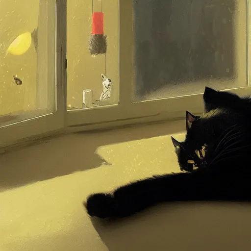 Prompt: a giant black cat with yellow eyes looking through a window at a sleeping blonde girl, detailed, Greg Rutkowski