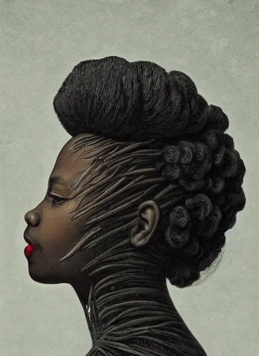 Prompt: a beautiful black woman's face in profile made of leaf skeleton, white hair, in the style of the dutch masters and rene magritte, dark and moody, matte, 8 k, hyper detailed, hyper realistic, intricate detail,