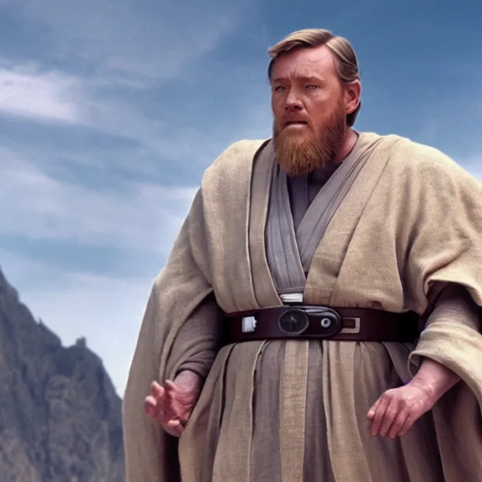 Image similar to obi wan kenobi but obese, photoralistic rendering, movie still, screenshot, hyperdetailed