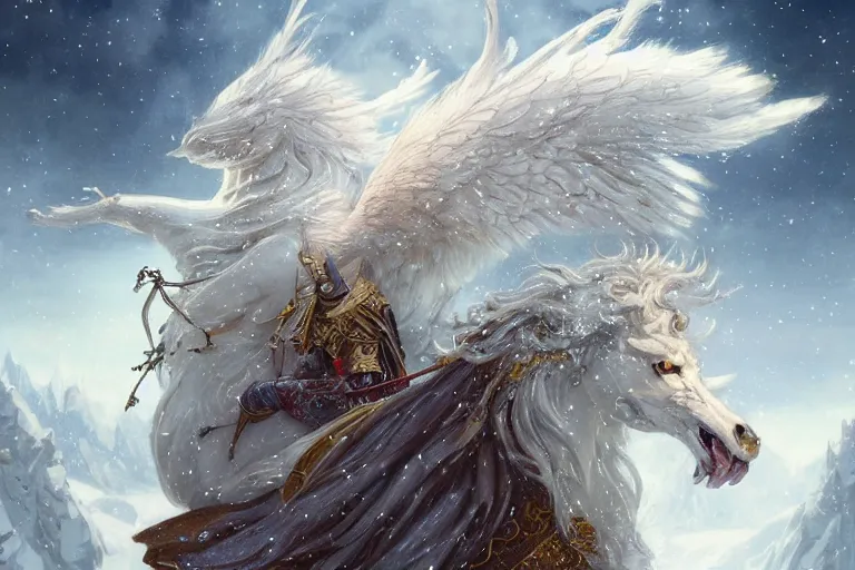 Prompt: Snow Griffin on a beautiful fantasy landscape, mountainside, winter, moonlit, HD, illustration, epic, D&D, fantasy, intricate, elegant, highly detailed, digital painting, artstation, concept art, smooth, sharp focus, illustration, wallpaper, art by artgerm and greg rutkowski and alphonse mucha and jin xiaodi