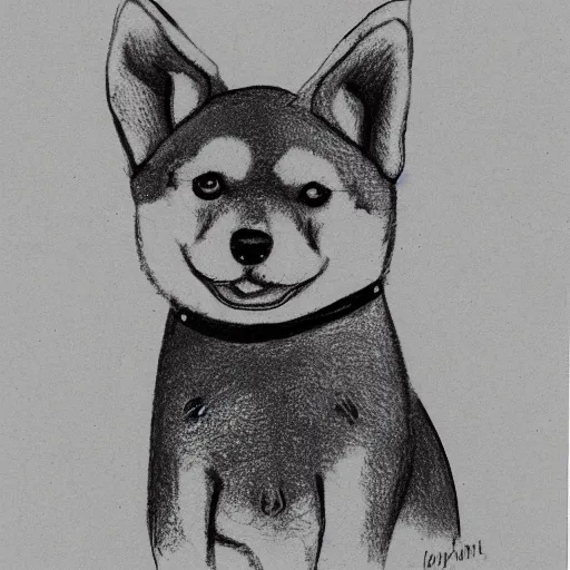 Image similar to A sketch of a shiba inu dog with a sombrero on its head