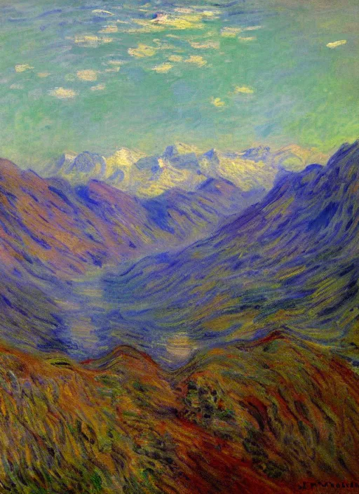 Image similar to a landscape of the andes mountain range of the city of santiago de chile impressionist painting by monet