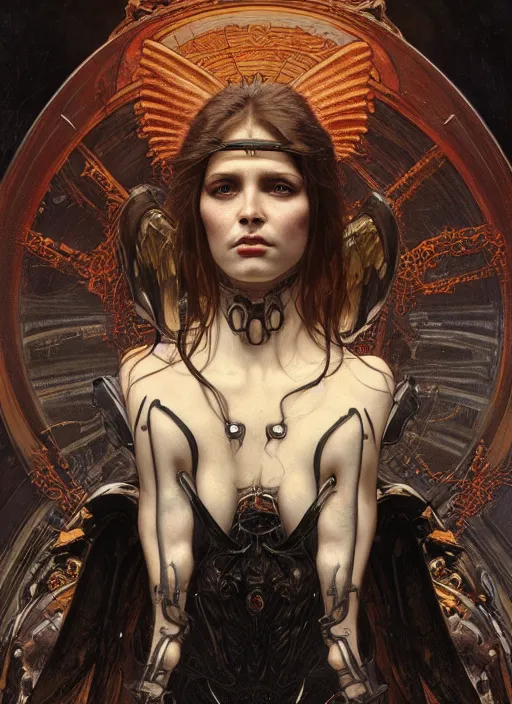 Prompt: masterpiece portrait of an beautiful infernal angel with sentinel armor, surrounded by black liquid occult swirls, horror, dramatic lighting, h. r. giger, greg rutkowski, alphonse mucha, artgerm, donato giancola, tom bagshaw, trending on cgsociety, octane render, 8 k