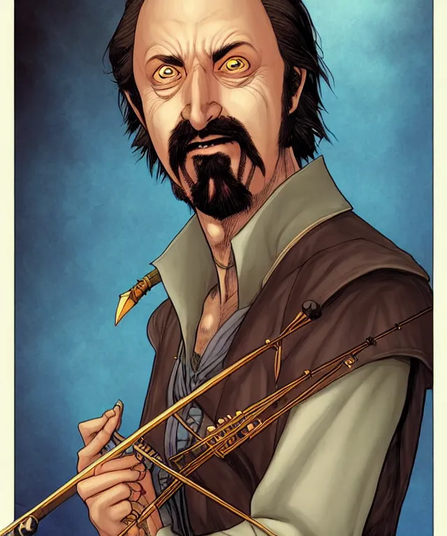 Prompt: a ( fantasy comic ) ( cover art ) portrait of a dubious bard who looks like ( tom green ), digital illustration by jenny frison and sana takeda and kentaro miura, fine inking lines, dnd, highly detailed!, hd, 4 k, trending on artstation