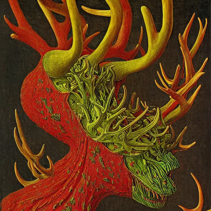 Image similar to close up portrait of a mutant monster creature with ten antlers growing in fractal forms, face in the shape of a colorful exotic carnivorous plant. by jan van eyck, audubon