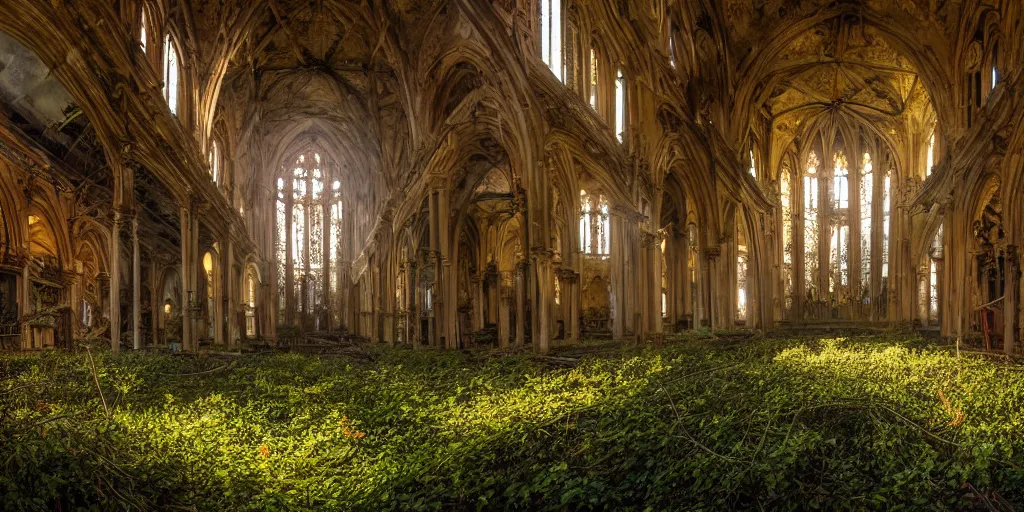 Image similar to Wide angle photograph of the inside of an abandoned cathedral, with a broken roof and overgrown with vines and bushes, cinematic lighting, epic scene, dramatic lighting, evening light, sunset, golden hour, fuji velvia, Flickr, national geographic, taken by Daniel Kordan