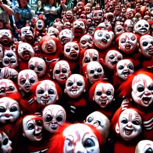 Prompt: the running of the screaming chucky dolls in pamplona spain