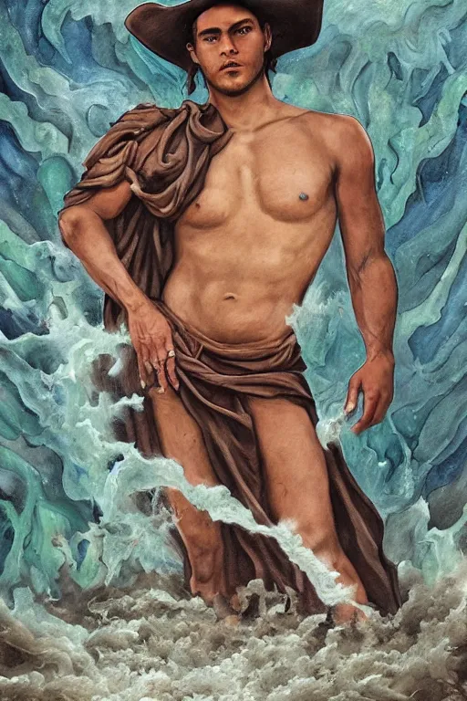 Prompt: a dramatic, epic, ethereal tarot painting of a handsome!! brown shirtless cowboy ((((with hat)))) | background is a torrential flooding river | tarot card, art deco, art nouveau | by Mark Maggiori | trending on artstation