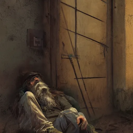 Prompt: homeless man hobo with long beard in asylum, hyper detailed, digital art, trending in artstation, cinematic lighting, studio quality, smooth render, unreal engine 5 rendered, octane rendered, art style by klimt and nixeu and ian sprigger and wlop and krenz cushart.