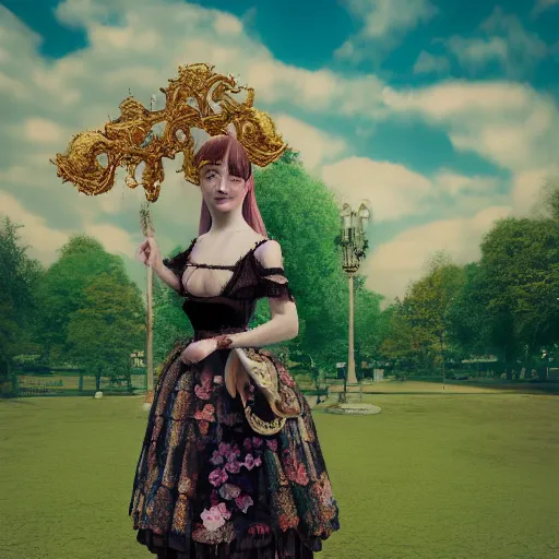 Image similar to 8k, octane render, realism, tonalism, renaissance, rococo, baroque, portrait of a young lady wearing long harajuku manga dress with flowers and skulls standing in a renaissance park, chaotic gold leaf flowers