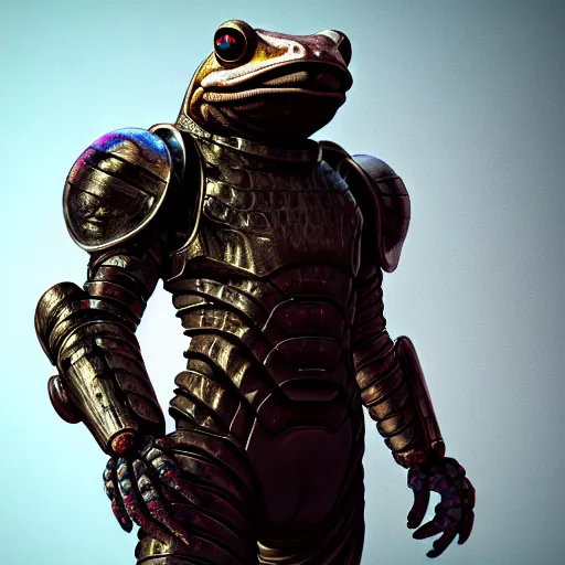 Image similar to wide shot, photo of a toad head, a huge humanoid toad-man with a katana, in a heavy futuristic armour without a helmet, hyper realistic, hyper detailed, coherent photo, trending on artstation, cyberpunk, Japanese style, volumetric lightning, neon, electric colours, Cinematic, Dramatic, Film Grain, Kodak Portra, Depth of Field, 15 mm octane render, 4k, raytracing, blender