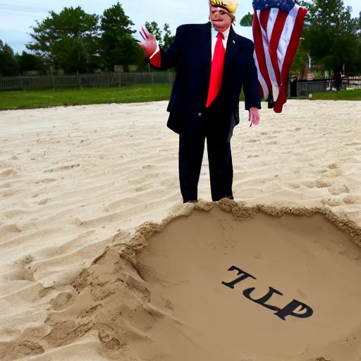 Image similar to trump is playing in a sandbox with his name on it but won't let other kids play, gettyimages,