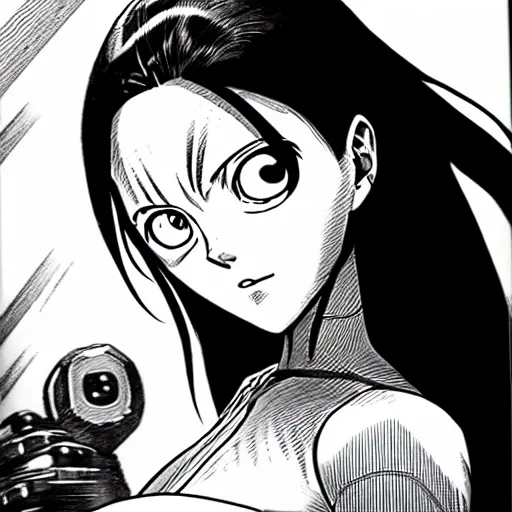 Image similar to alita by yukito kishiro. medium shot. black and white manga. pencil drawing. high detailed face