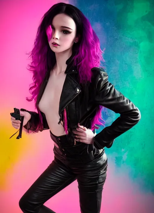 Image similar to a photo of 8 k ultra realistic a black haired female in high heels and a black leather jacket, pink, purple, green, yelow, red, blue, white neon, art by lise deharme