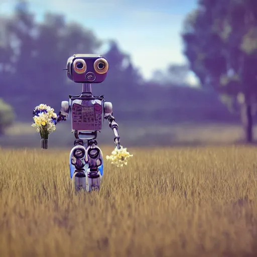 Image similar to robot with little girl collect flowers in the field, steampunk, cyberpunk, 4k, hyperrealistic, focused, high detail, unreal engine 5, cinematic