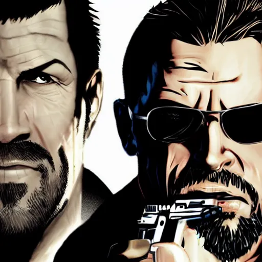 Image similar to max payne and jc denton from deus ex, buddy cop movie poster