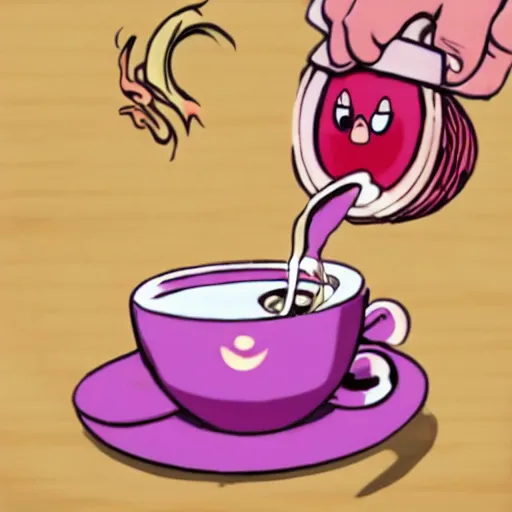 Prompt: Kirby drinking coffee