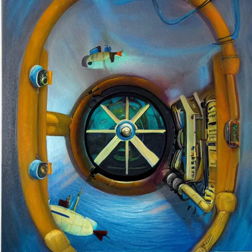 Image similar to oil painting picturing the inside of a submarine