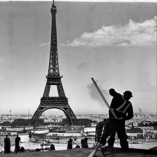 Prompt: workers renovating a gruyère cheese made Eiffel tower, Paris in the background