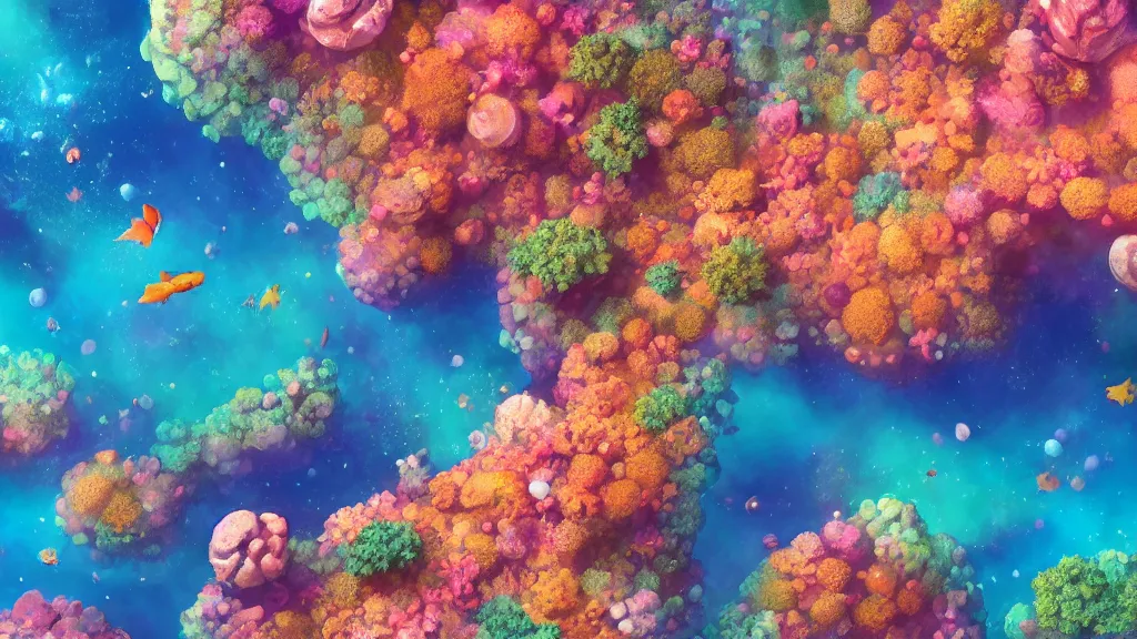 Image similar to ancient alien planet covered in colorful coral reefs and fish swimming around them, by sylvain sarrailh, rossdraws, ambient light, ultra detailed, fantasy artwork, 8 k, volumetric lighting, trending on artstation, award winning, beautiful scenery, very beautiful.
