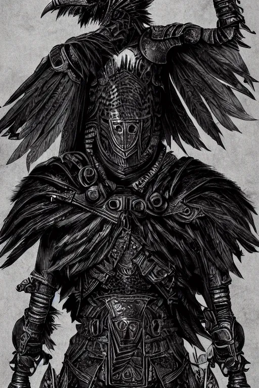 Image similar to armoured raven humanoid monster, crows feet, symmetrical, highly detailed, digital art, black feather armour, sharp focus, trending on art station, kentaro miura manga art style