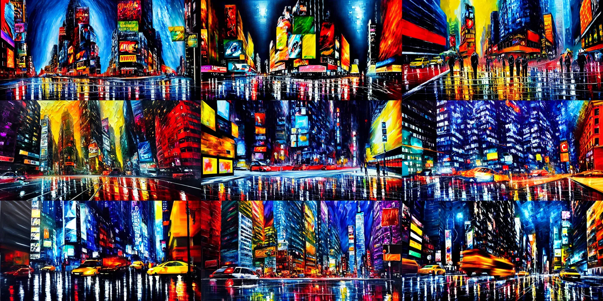 Prompt: big beautiful shiny diamond in middle of new york street. midnight rain, reflections everywhere. epic scene. tired, beaten city. neo noir style, dramatic high contrast colorful lighting. high action! acrylic painting, layered impasto, heavy gesture style. amazing, unbelievable, intricate scene.