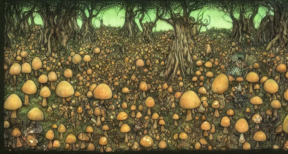 Image similar to A tribal village in a forest of giant mushrooms, by Brian Froud