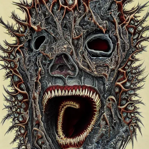 Prompt: Hyper detailed painting of a horrid fractal abomination covered in endless teeth as it devoures souls.