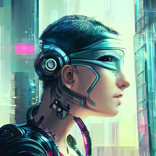 Image similar to portrait of cyberpunk woman looking out of a window, cyberpunk setting, futuristic, highly detailed, intricate lighting, digital painting, sharp focus, illustration, trending on artstation, art by ross tran.