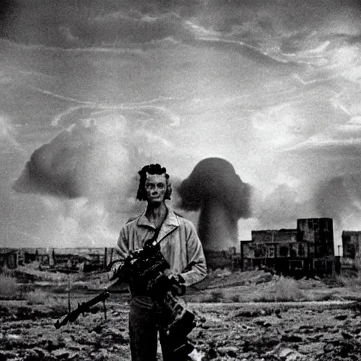 Image similar to portrait of irradiated post apocalyptic nuclear wasteland undead 1950s black and white award winning photo highly detailed Arriflex 35 II, lighting by stanley kubrick