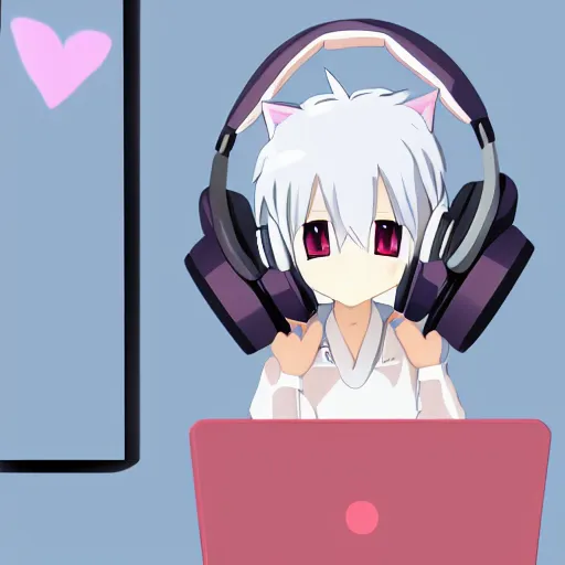 Image similar to anime girl with white hair and blue eyes, wearing cat ear headphones, sitting at desk at keyboard, programming, cute, pixiv, anime