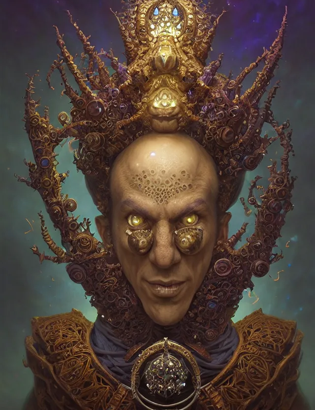 Image similar to front shot of a court jester character, hyperdimensional, bioluminescent hypercubes, ((intricate)), elegant, highly detailed, centered, (((artstation, concept art, smooth, sharp focus, artgerm, Tomasz Alen Kopera, Peter Mohrbacher, donato giancola, Joseph Christian Leyendecker, WLOP, Boris Vallejo))), mugshot!!!!!, ugly!!!!!!, octane render, nvidia raytracing demo, grainy, muted, 8K, digitalblasphemy