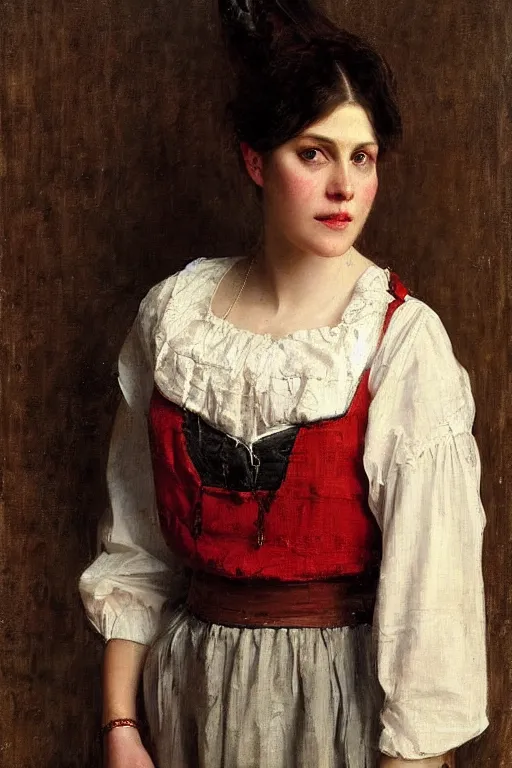 Prompt: Solomon Joseph Solomon and Richard Schmid and Jeremy Lipking victorian genre painting full length portrait painting of a young beautiful woman traditional german barmaid in traditional costume, red background