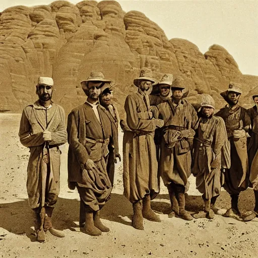 Prompt: ultra detailed photorealistic sepia - toned painting from 1 9 1 7, a small group of british soldiers standing with bedouin traders in traditional arab garb, at an archaeological dig site in wadi rum, ultra realistic, painted, intricate details, lovecraft, atmospheric, dark, horror, brooding, highly detailed, by clyde caldwell