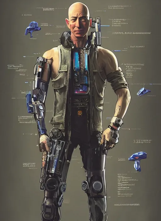 Image similar to jeff bezos as a menacing cyberpunk mercenary with robotic blade arms wearing a military vest and jumpsuit. dystopian. portrait by stonehouse and mœbius and will eisner and gil elvgren and pixar. realistic proportions. cyberpunk 2 0 7 7, apex, blade runner 2 0 4 9 concept art. cel shading. attractive face. thick lines.