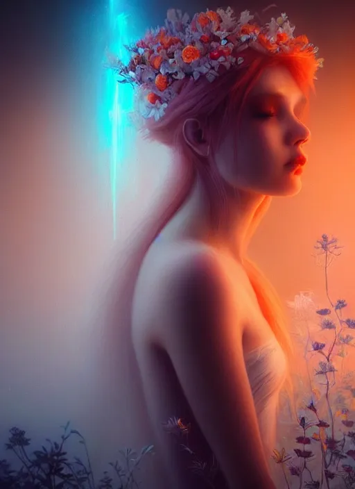 Image similar to a beautiful majestic young white queen with flowers on her orange hair, glowing light orbs, intricate concept art, elegant, digital painting, smooth, sharp focus, ethereal mist, deep colors, illuminated lines, outrun, vaporware, dark background, cyberpunk darksynth, ethereal, ominous, misty, 8 k, rendered in octane, by ruan jia and miho hirano