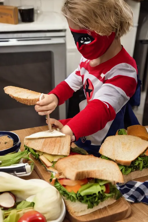 Prompt: a schoolboy in a mask v for vendetta makes sandwiches on the kitchen table