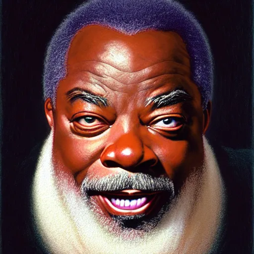 Prompt: cinematic portrait of Levar Burton, reading rainbow, only head and chest, white hair and white beard, intricate, desaturated, Tim Hildebrandt, Wayne Barlowe, Bruce Pennington, donato giancola, larry elmore, maxfield parrish, Moebius, Thomas Ehretsmann, oil on canvas, gouache painting, masterpiece, trending on artstation, cinematic composition, dramatic pose, volumetric lighting, sharp, details, hyper-detailed, HD, 4K, 8K